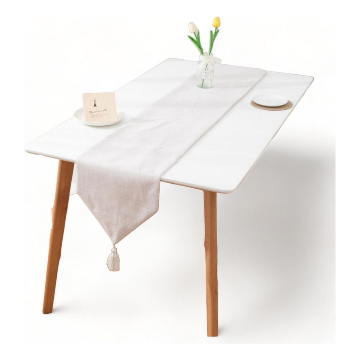 GENERICO - Camino Corredor De Mesa En Lino Con Fleco Medida 33x180cm - Crema