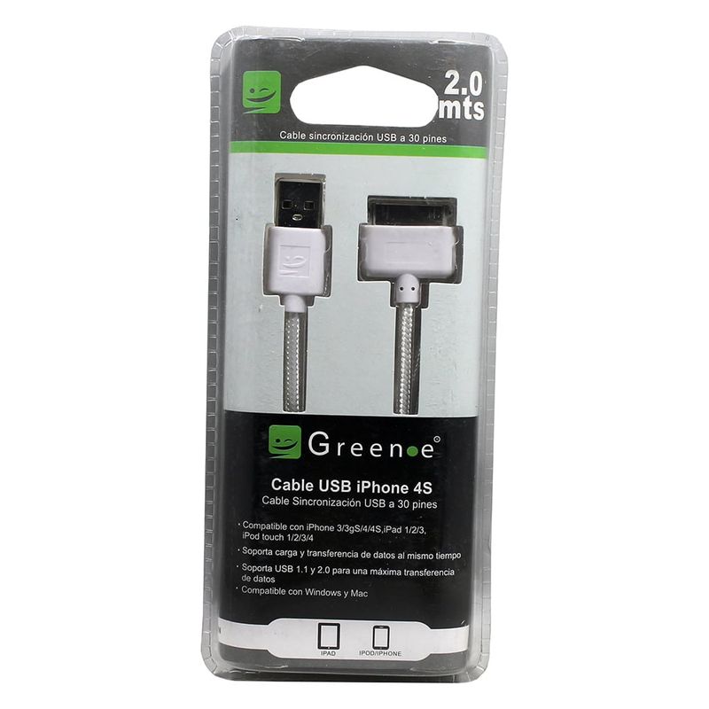 GREEN E - Cable USB a IPhone & iPad 30 Pines 2MTS