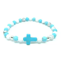 GENERICO - Pulsera Howlita Blanca y Celeste con Dije Cruz y Separadores de Plata
