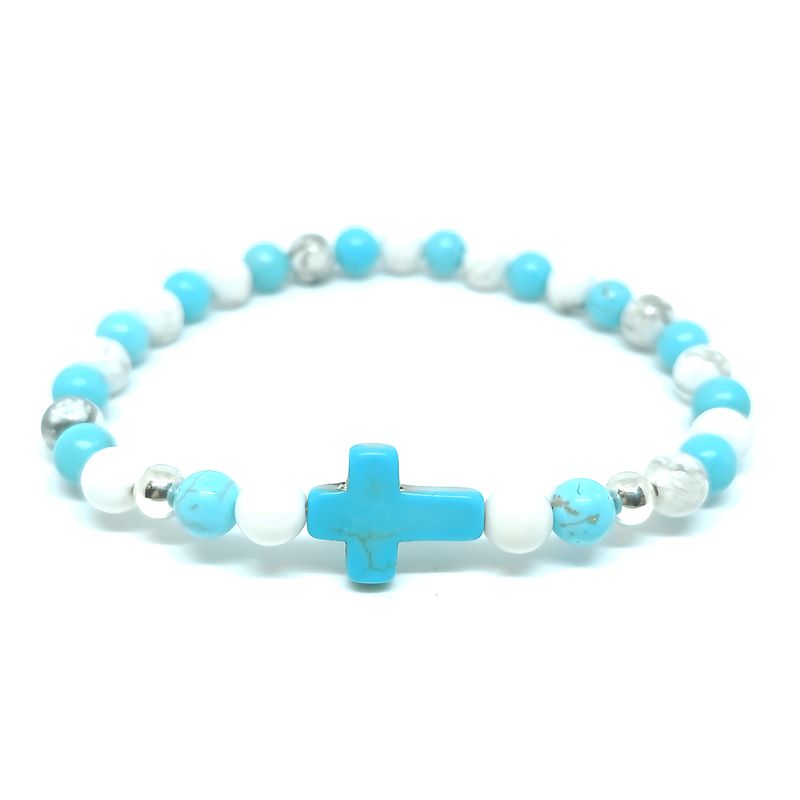 GENERICO - Pulsera Howlita Blanca y Celeste con Dije Cruz y Separadores de Plata
