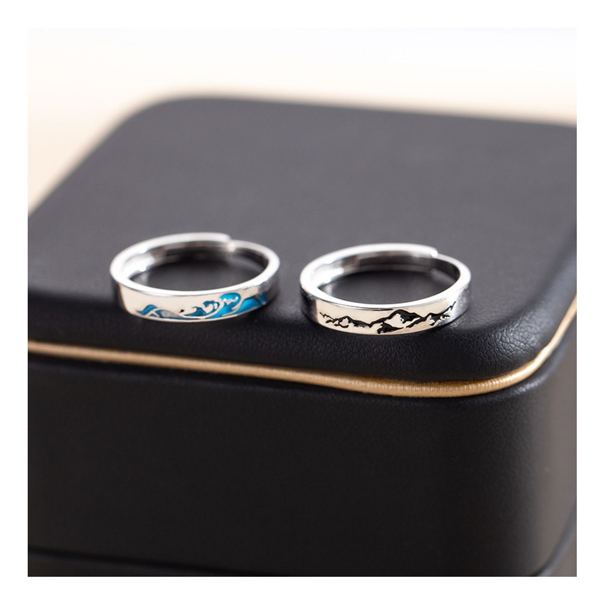 ZG JOYAS - Anillos Ajustables Plata 925 Pareja Promesa Bajo Montaña Mar