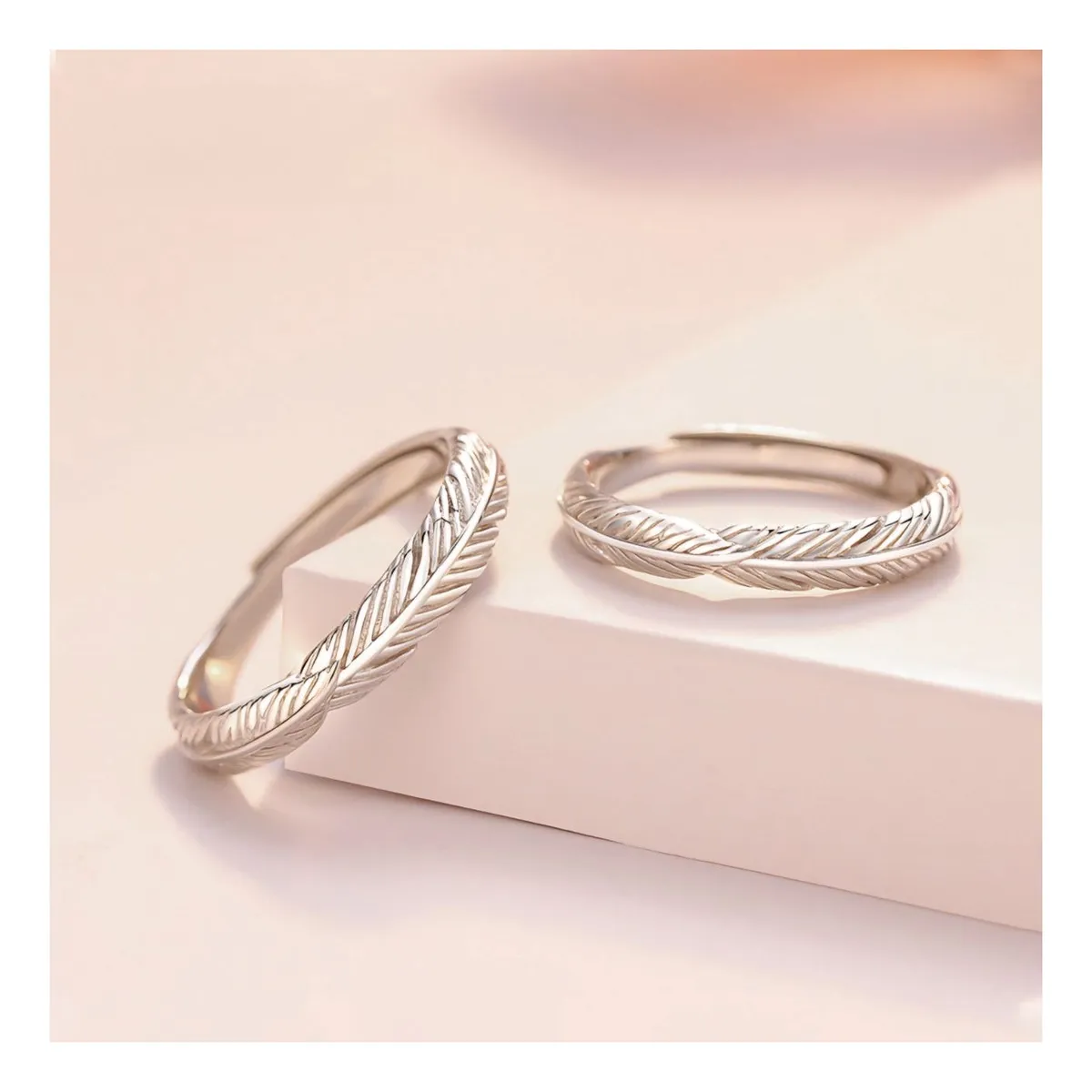 ZG JOYAS - Anillos Ajustables Plata S925 Pareja Corona Pluma Laurel