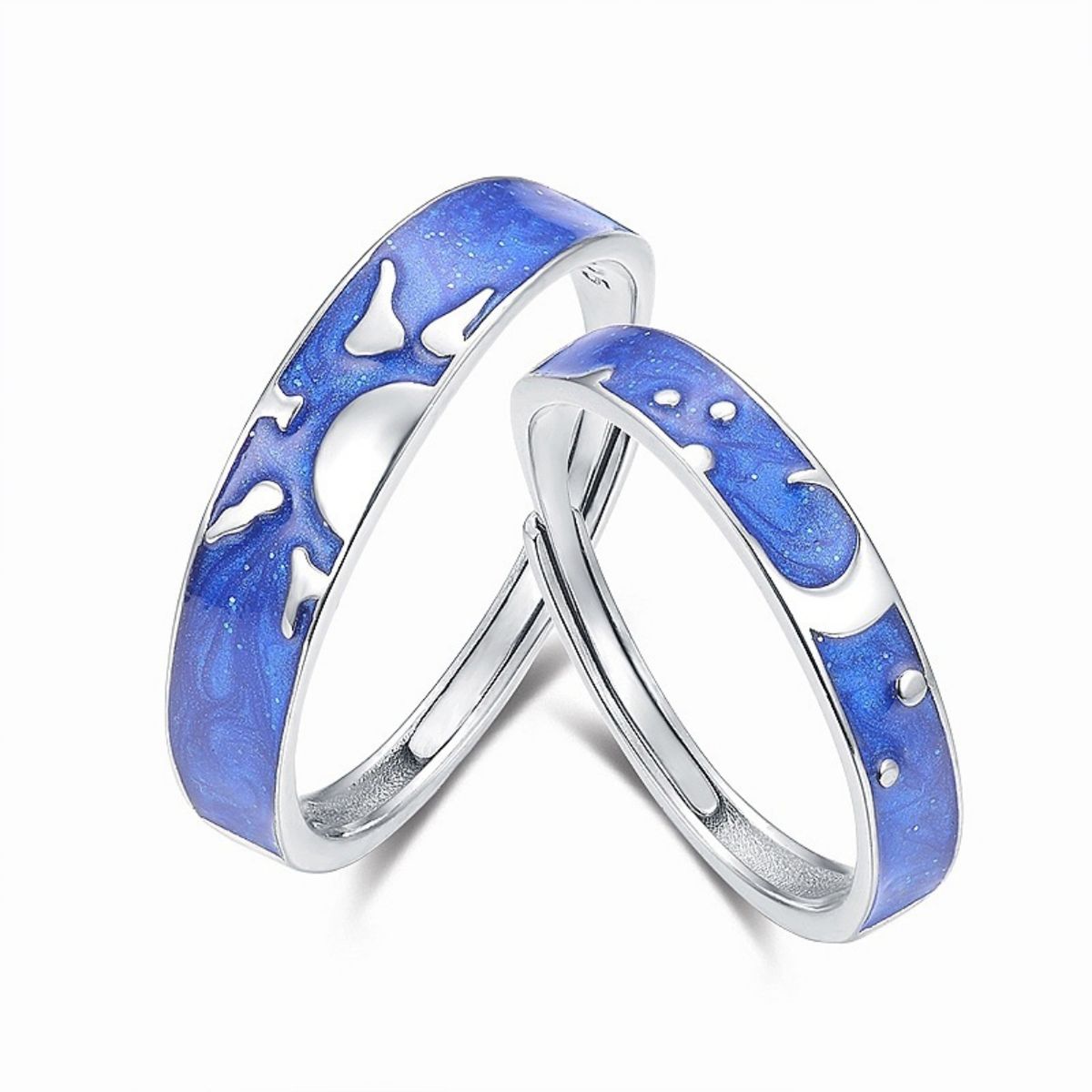 ZG JOYAS - Anillos Ajustables Plata S925 Pareja Cielo Estrellado Sol Luna