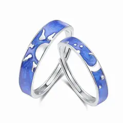 ZG JOYAS - Anillos Ajustables Plata S925 Pareja Cielo Estrellado Sol Luna