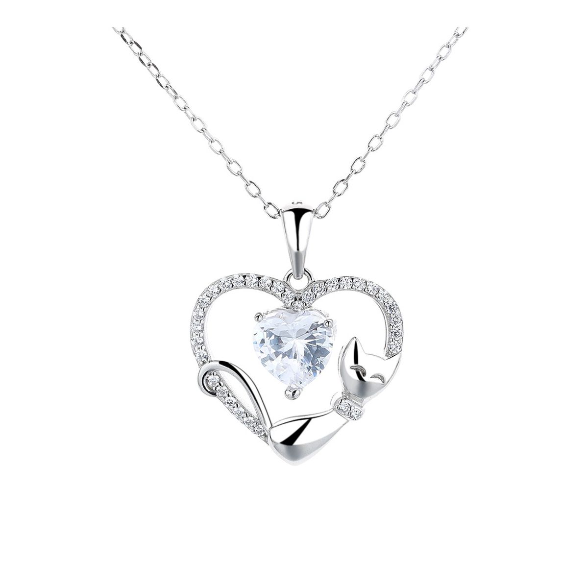 ZG JOYAS - Collar Cadena Plata S925 Colgante Gato Doble Corazón Mujer