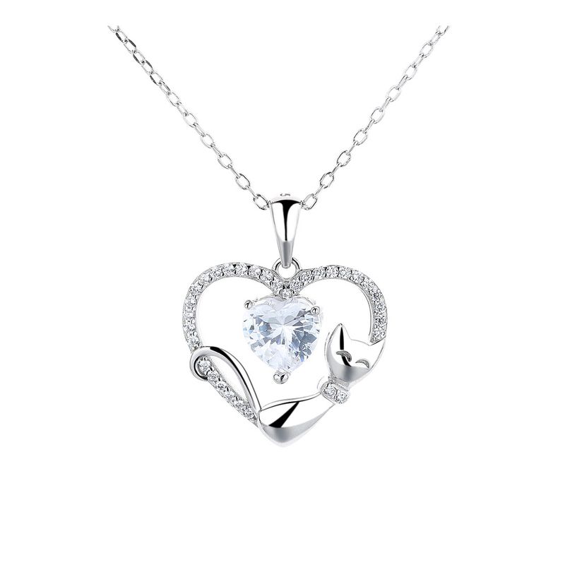 ZG JOYAS - Collar Cadena Plata S925 Colgante Gato Doble Corazón Mujer
