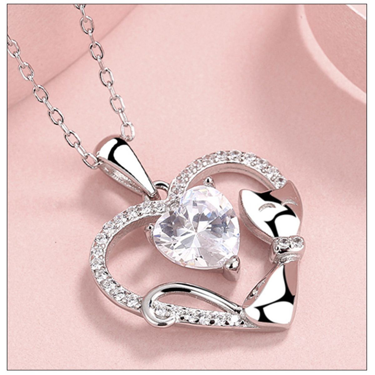 ZG JOYAS - Collar Cadena Plata S925 Colgante Gato Doble Corazón Mujer