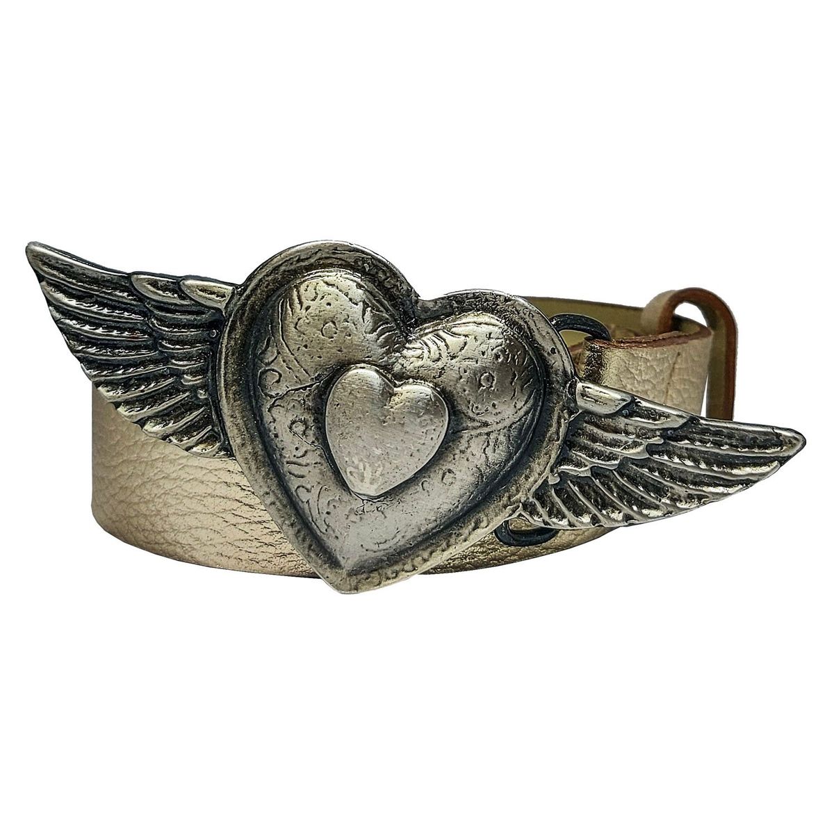 MAECUEROS - Cinturón MAE Cueros Corazón con Alas Platino