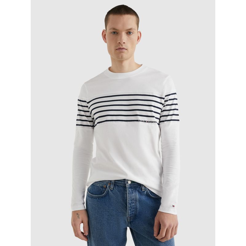 TOMMY HILFIGER - Polera  Striped Con Logo Blanco Tommy Hilfiger