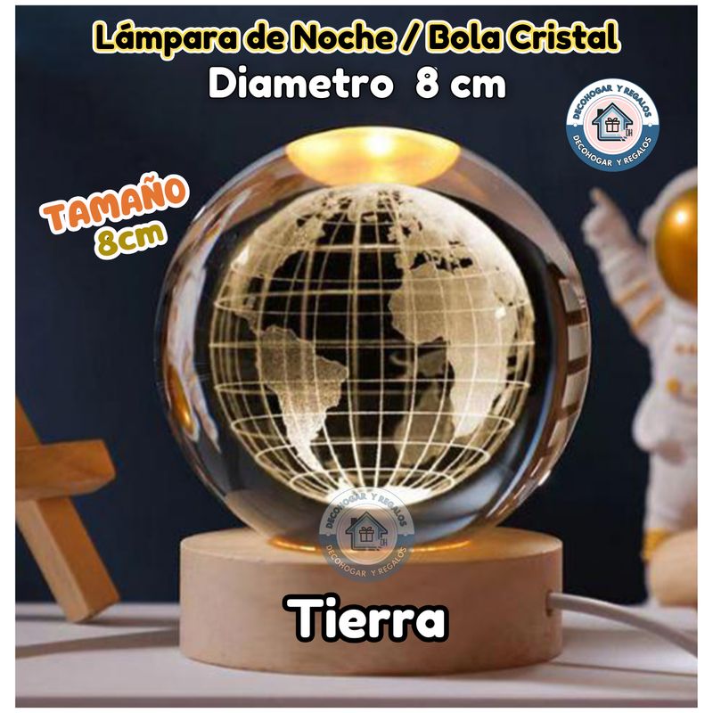 GENERICO - Lámpara de Noche Led  Bola Cristal 3D Planeta Tierra 8cm