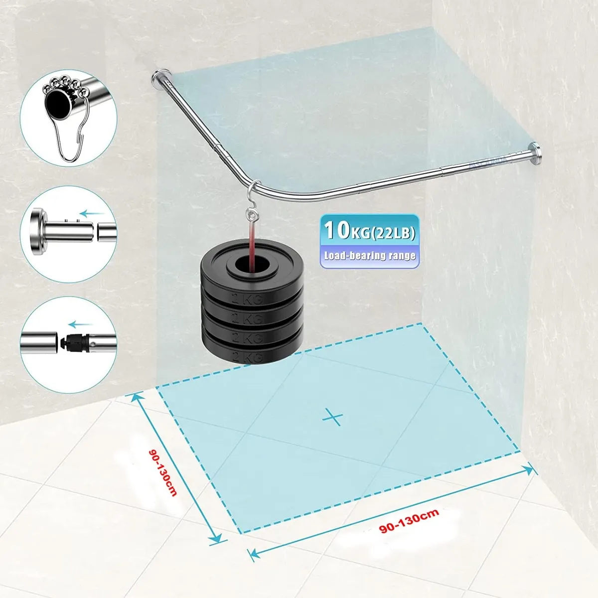 YOMYM - Barra Cortina Ducha Extensible 304 Acero Inoxidable Forma L 90-130cm