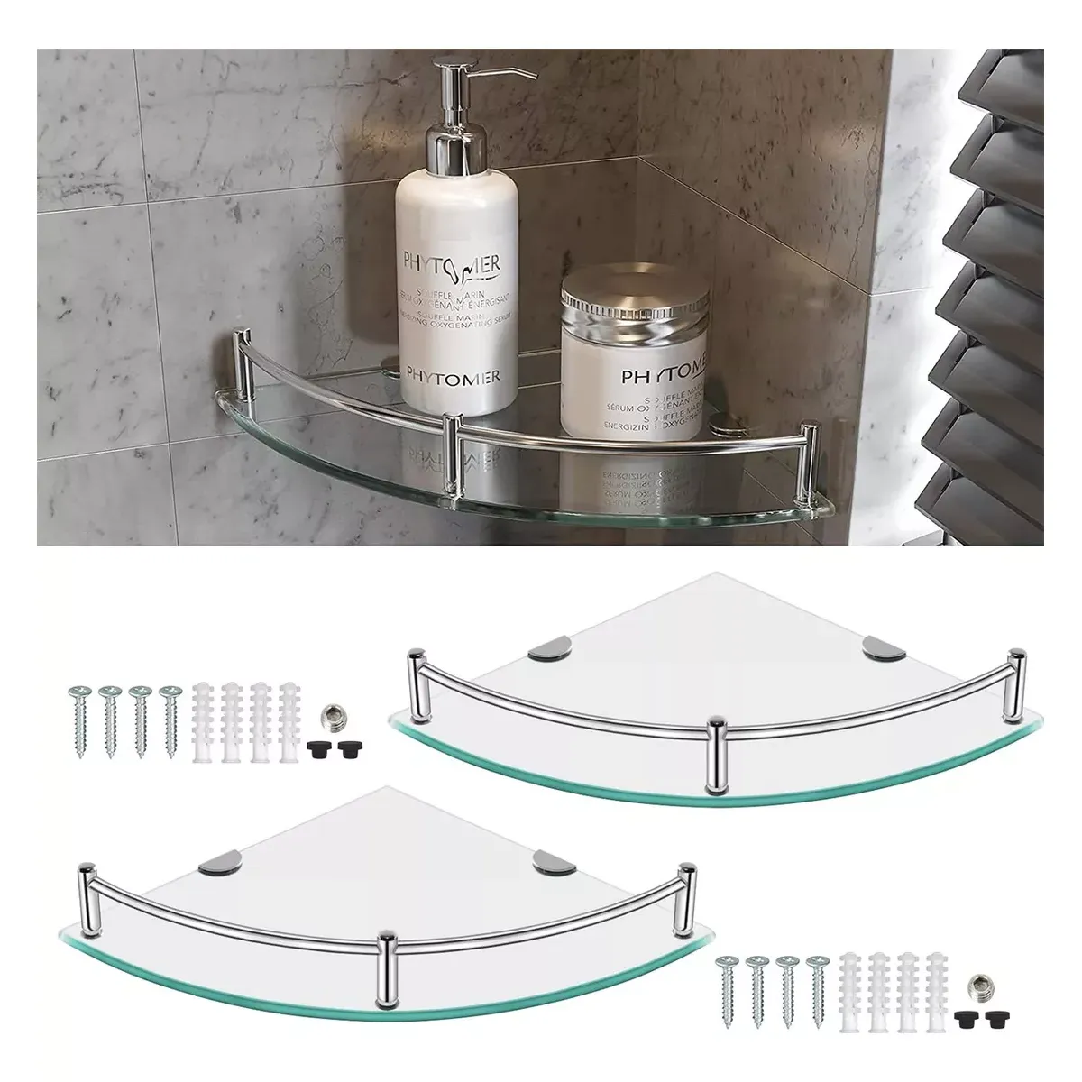 DEKANO - 2 Repisas Esquineras De Vidrio Para baño Cristal Templano