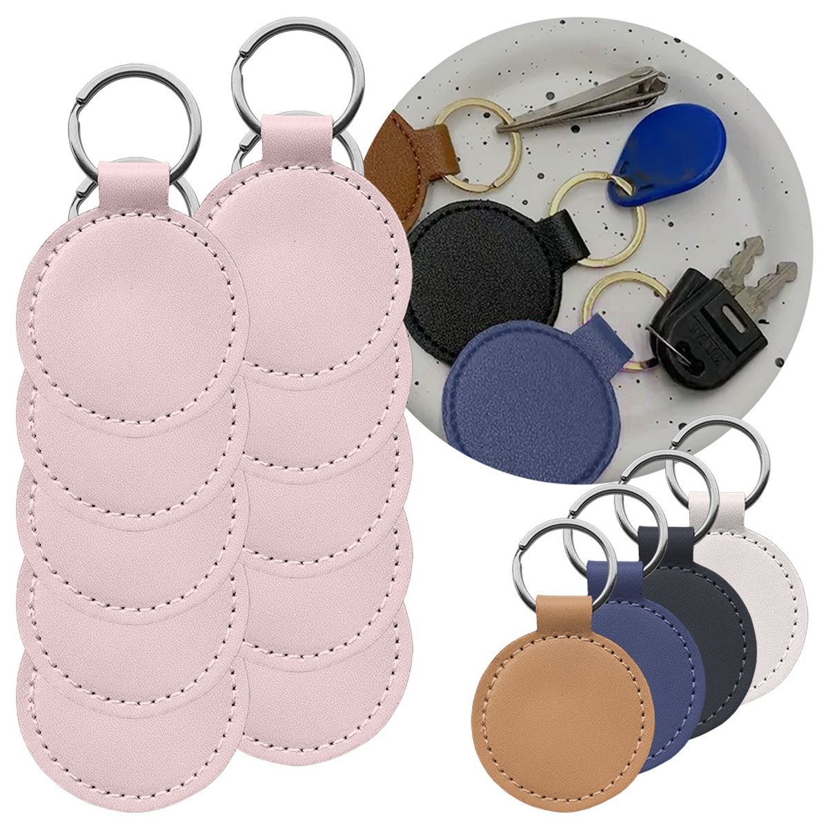 GENERICO - 10 Llaveros Colgantes Redondos De Cuero Personalizables Con Argolla