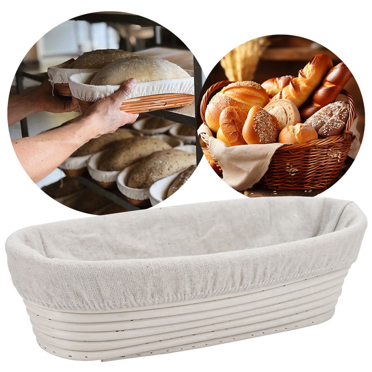 GENERICO - Banneton Ovalado 30x15x8 Cm Cesta De Rattan Con Funda Lino