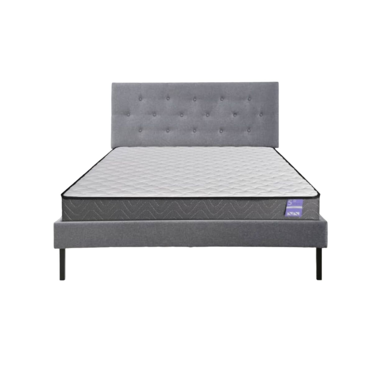 5 SUEÑO - Cama 2 Plazas Gris + Respaldo Capitone + Colchón Resortes