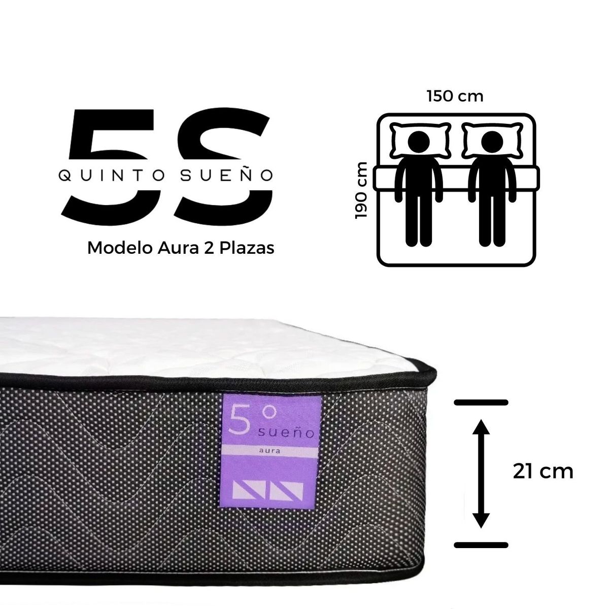 5 SUEÑO - Cama 2 Plazas Gris + Respaldo Capitone + Colchón Resortes