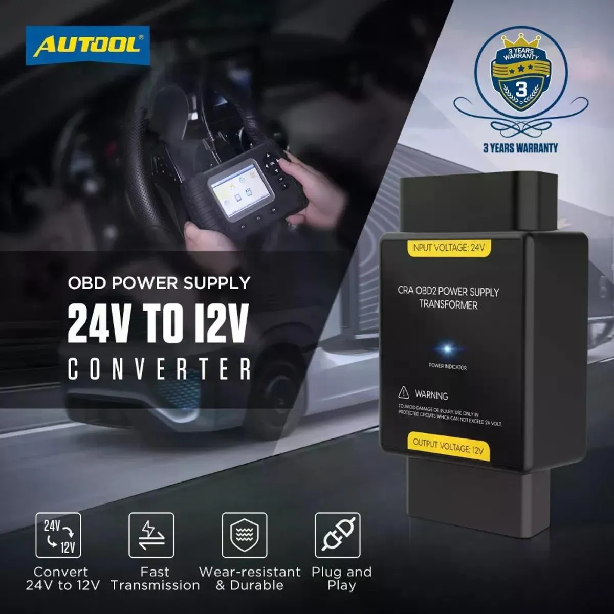 GENERICO - 24v A 12v Autool Obd2 Adaptador Fuente De Alimentación