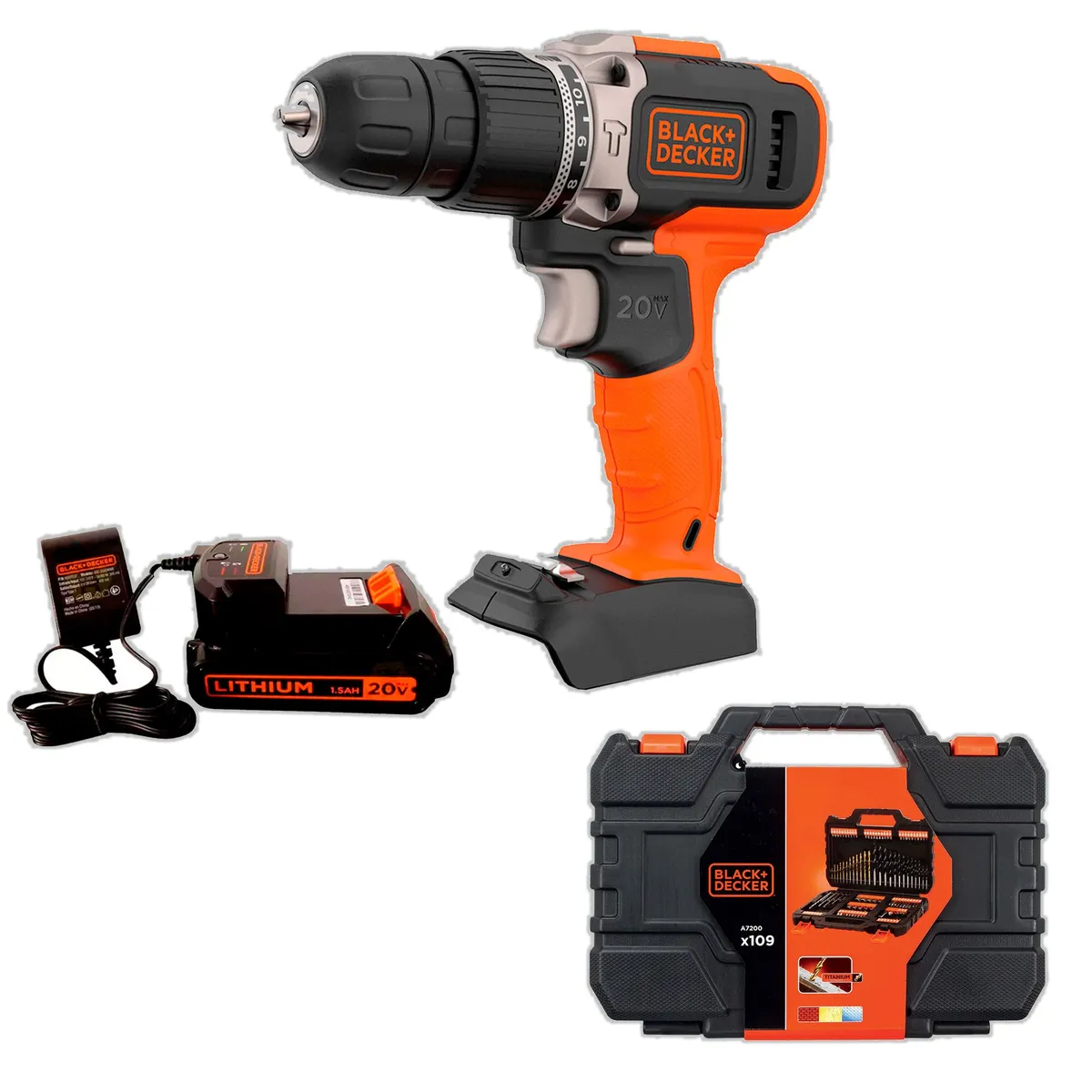 BLACK+DECKER - Kit Taladro Percutor 20V + Set de accesorios BLACK+DECKER