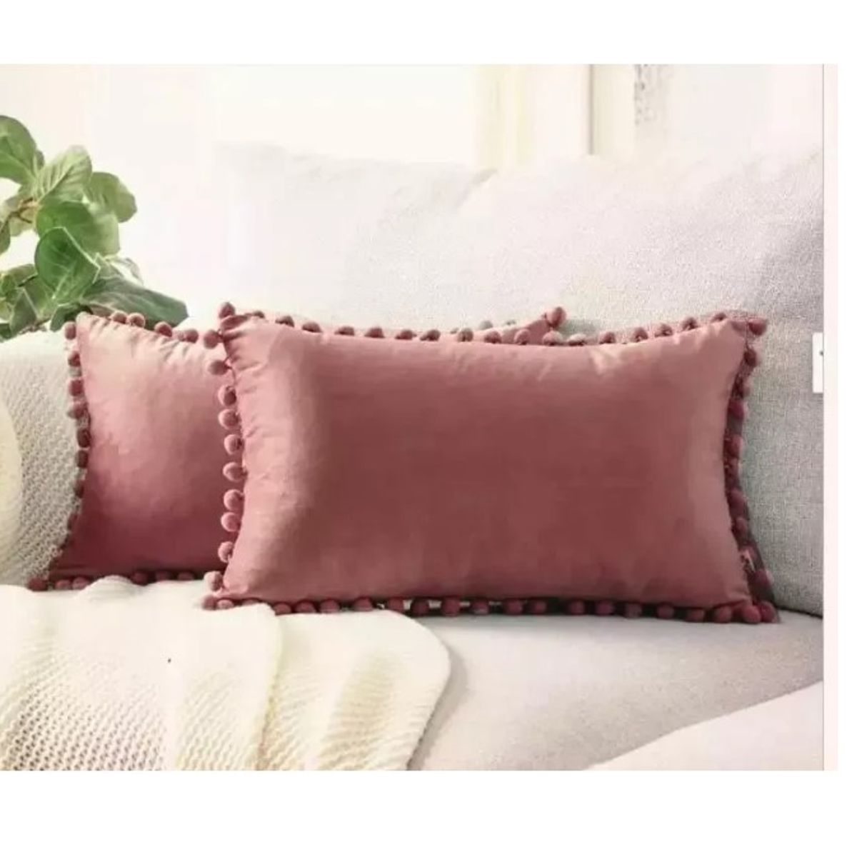 GENERICO - Pack 2 Fundas De Cojin Terciopelo Pompon 30x50 Palo de Rosa