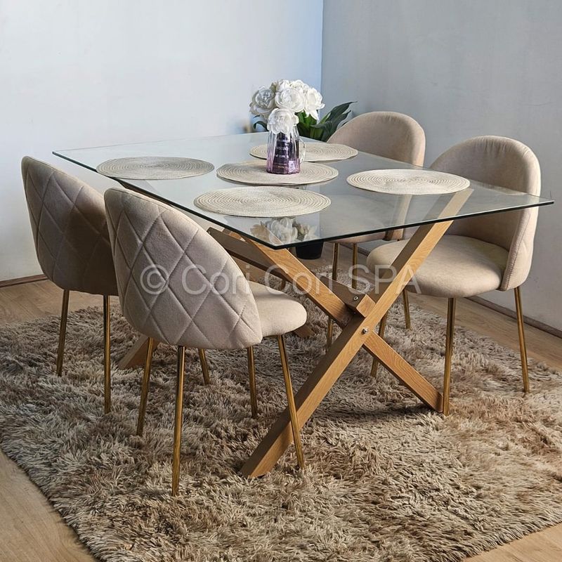 CORI CORI - Comedor Medlock Vidrio 140x90 + 4 Sillas Luxury Gold Beige