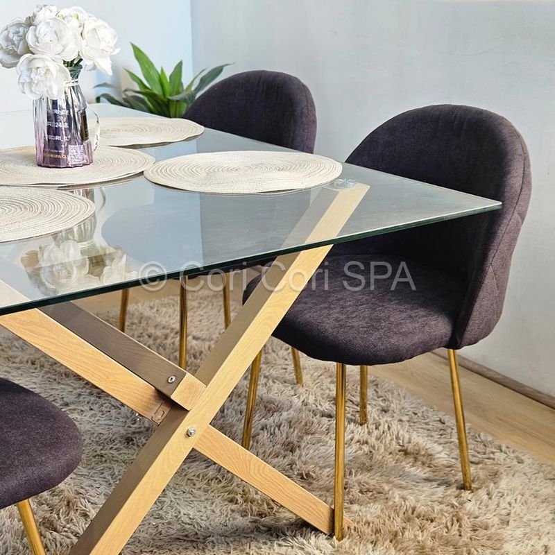 CORI CORI - Comedor Medlock Vidrio 140x90 + 4 Sillas Luxury Gold Negro