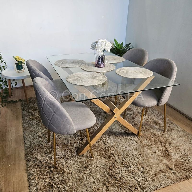 CORI CORI - Comedor Medlock Vidrio 140x90 + 4 Sillas Luxury Gold Gris