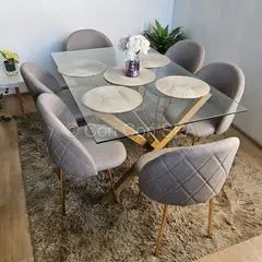 GENERICO - Comedor Medlock Vidrio 140x90 + 6 Sillas Luxury Gold Gris