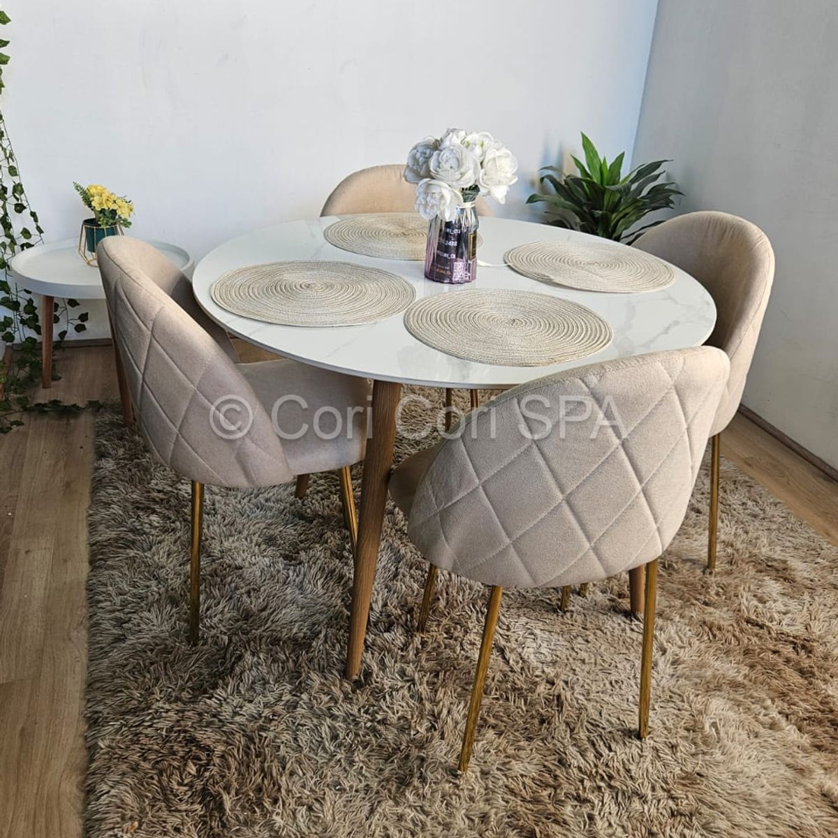 CORI CORI - Comedor Mesa Mármol (100cms) + 4 Sillas Bread Gold Beige