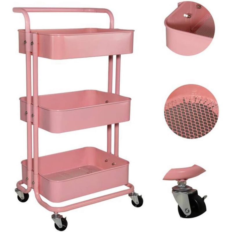 GENERICO - Carrito organizador con ruedas de metal de 3niveles con asa color rosa