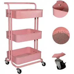 GENERICO - Carrito organizador con ruedas de metal de 3niveles con asa color rosa