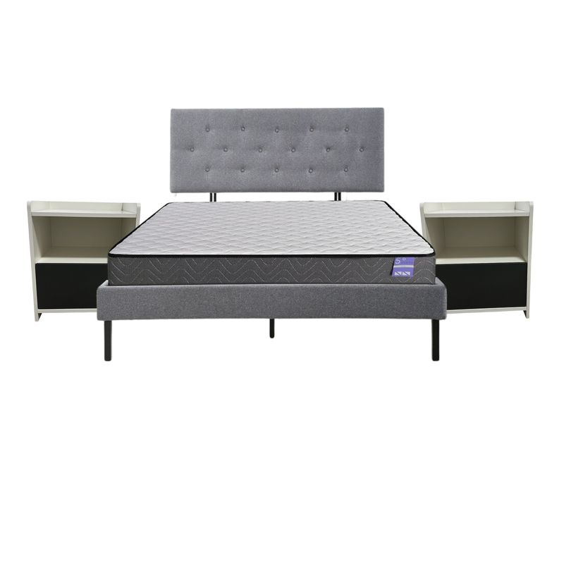 5 SUEÑO - Cama 2 Plazas Gris + Respaldo Capitone + Colchón Resortes + Veladores Blanco