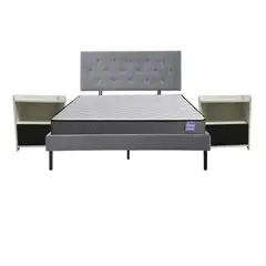 5 SUEÑO - Cama 2 Plazas Gris + Respaldo Capitone + Colchón Resortes + Veladores Blanco