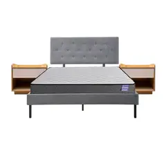 5 SUEÑO - Cama 2 Plazas Gris + Respaldo Capitone + Colchón Resortes + Veladores Madera