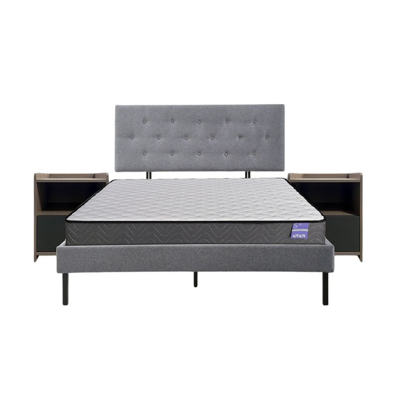 5 SUEÑO - Cama 2 Plazas Gris + Respaldo Capitone + Colchón Resortes + Veladores Grises