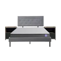 5 SUEÑO - Cama 2 Plazas Gris + Respaldo Capitone + Colchón Resortes + Veladores Grises