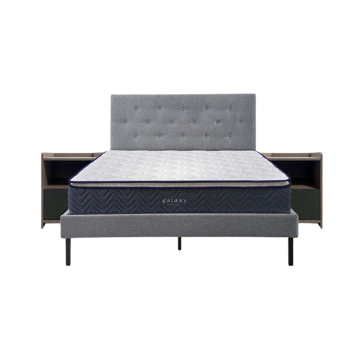 5 SUEÑO - Cama 2 Plazas Gris + Respaldo Capitone + Colchón Resortes Pocket + Veladores Grises