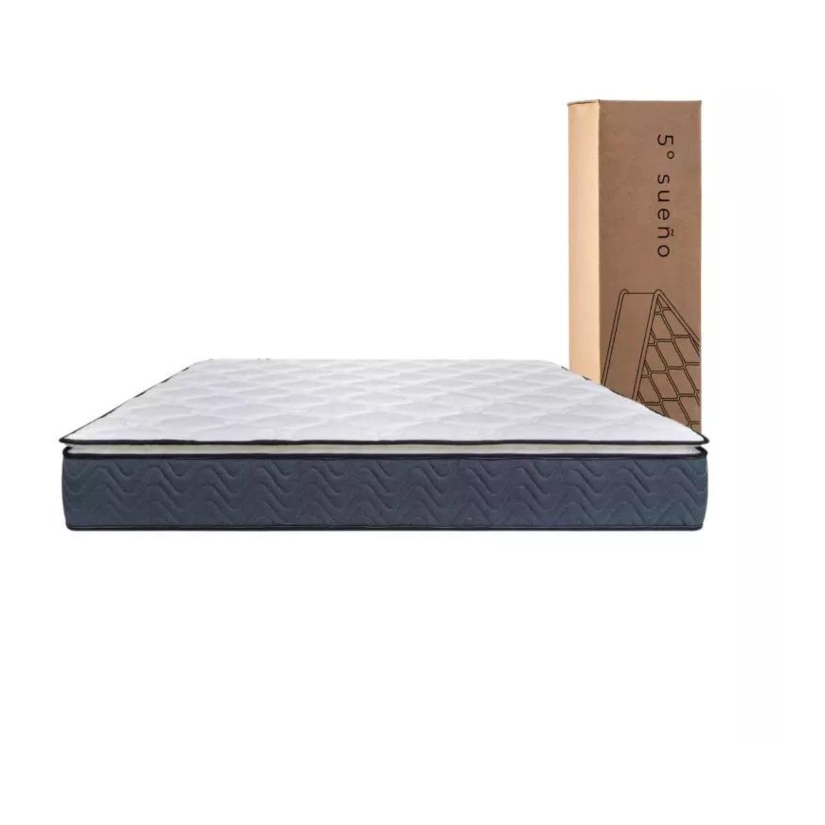 5 SUEÑO - Cama 2 Plazas Gris + Respaldo Capitone + Colchón Resortes Pocket + Veladores Grises