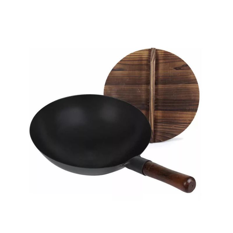GENERICO - Sarten Wok Chino Con Tapa Y Mango De Madera 32cm Antiadheren