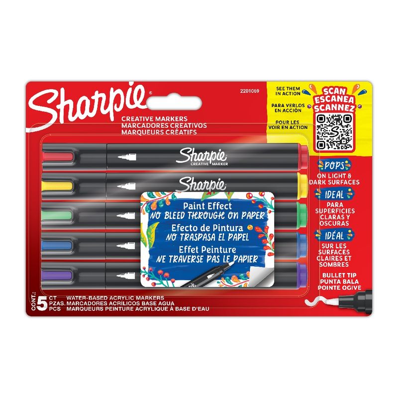SHARPIE - 5 Marcadores Sharpie Acrilicos Punta Bala Colores Surtidos