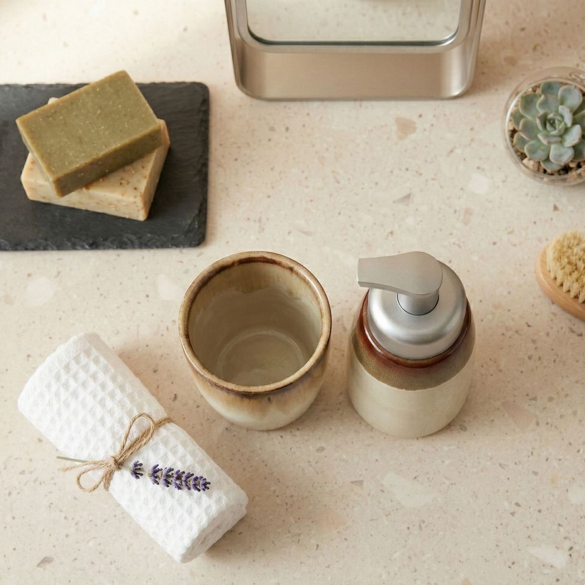 DECO EXPRESS - Set Dispensador y Vaso Cerámica Minimal