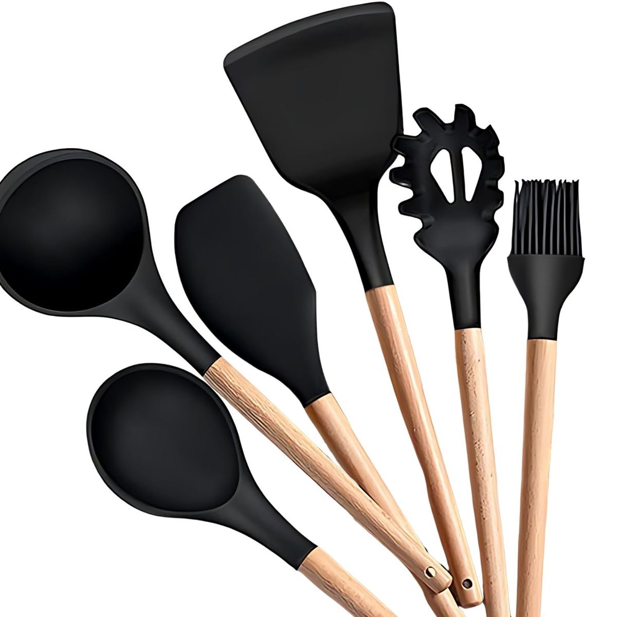 GENERICO - Set de Utensilios de Silicona y Madera para Cocina Negro