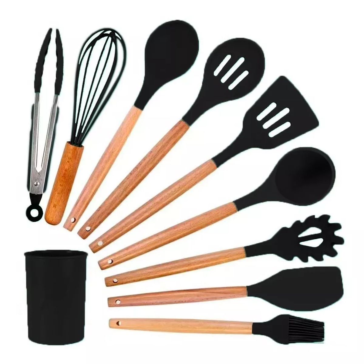 GENERICO - Set de Utensilios de Silicona y Madera para Cocina Negro