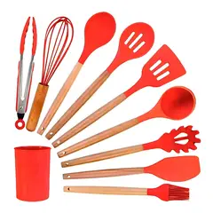 GENERICO - Set de Utensilios de Silicona y Madera para Cocina Rojo