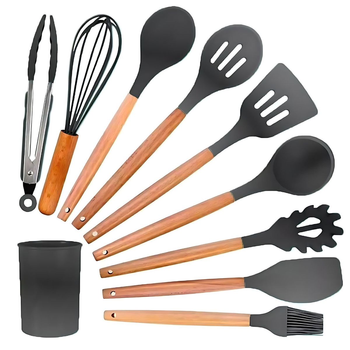 GENERICO - Set de Utensilios de Silicona y Madera para Cocina Gris