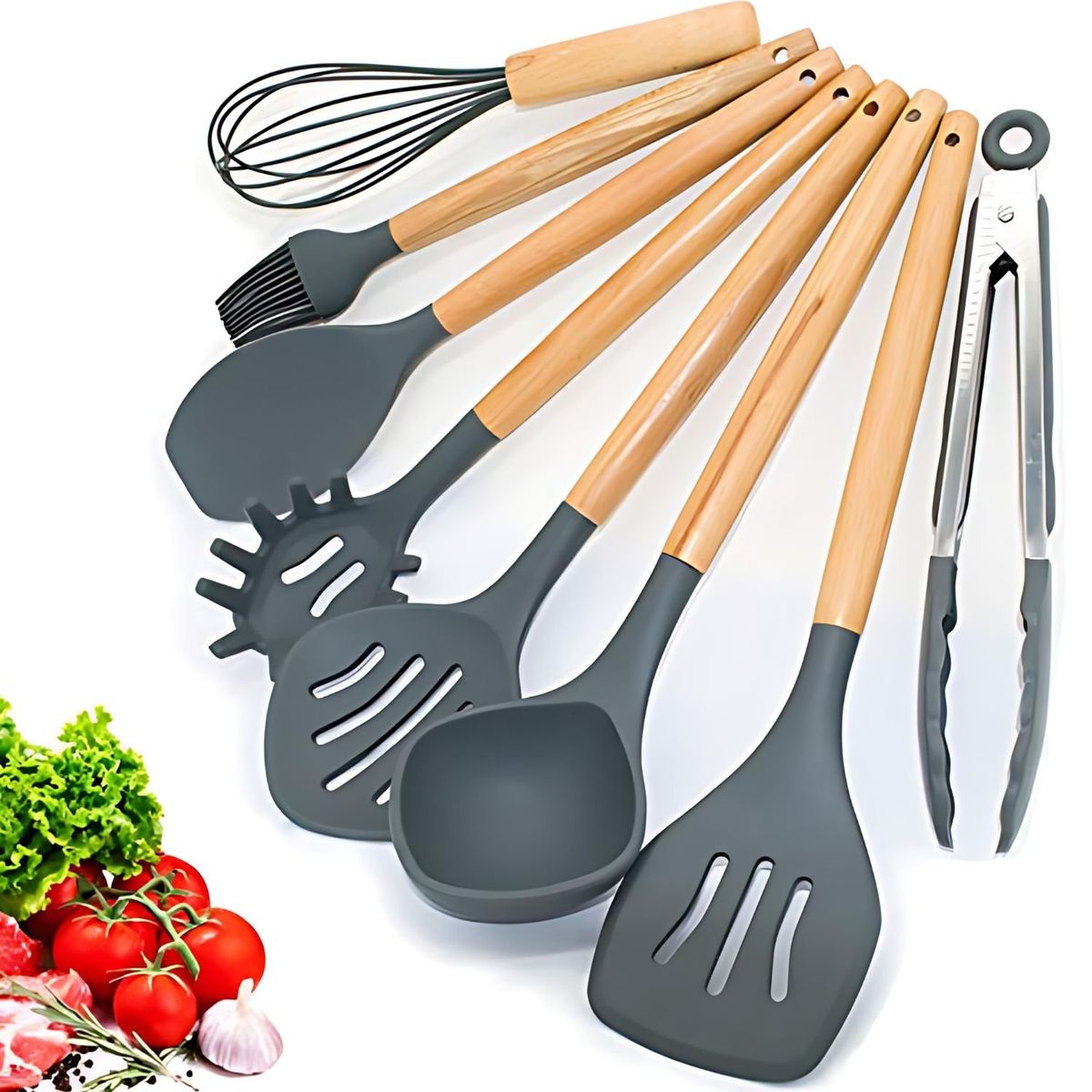 GENERICO - Set de Utensilios de Silicona y Madera para Cocina Gris