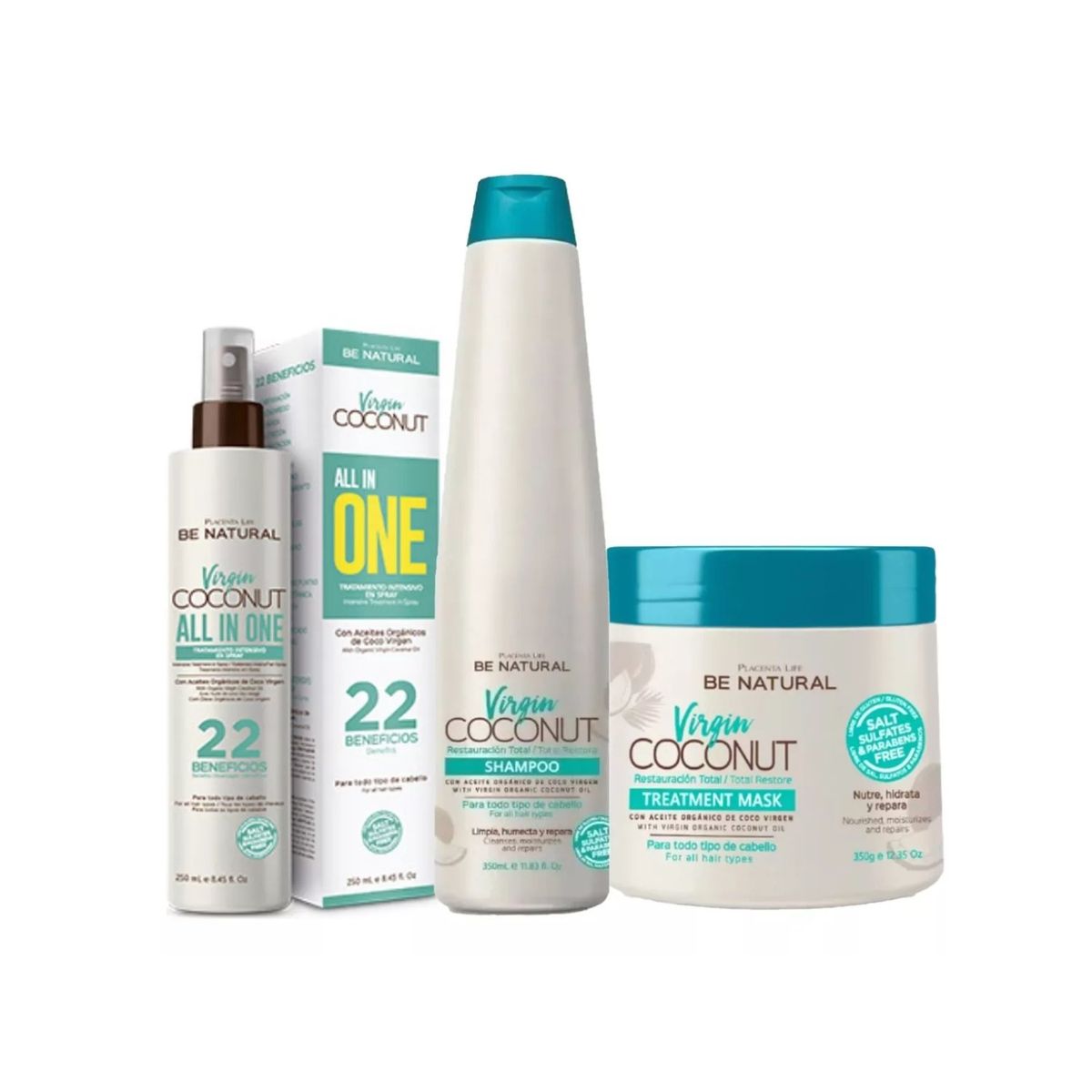 PLACENTA LIFE BE NATURAL - Set Be Natural Virgin Coconut Shampoo, Mascara, 22 Beneficio.