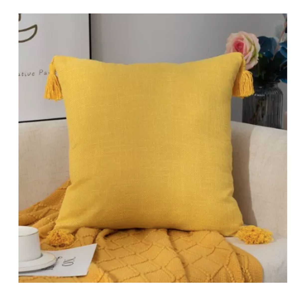 GENERICO - Funda Para Cojin De Lino Con Pompones 45x45cm