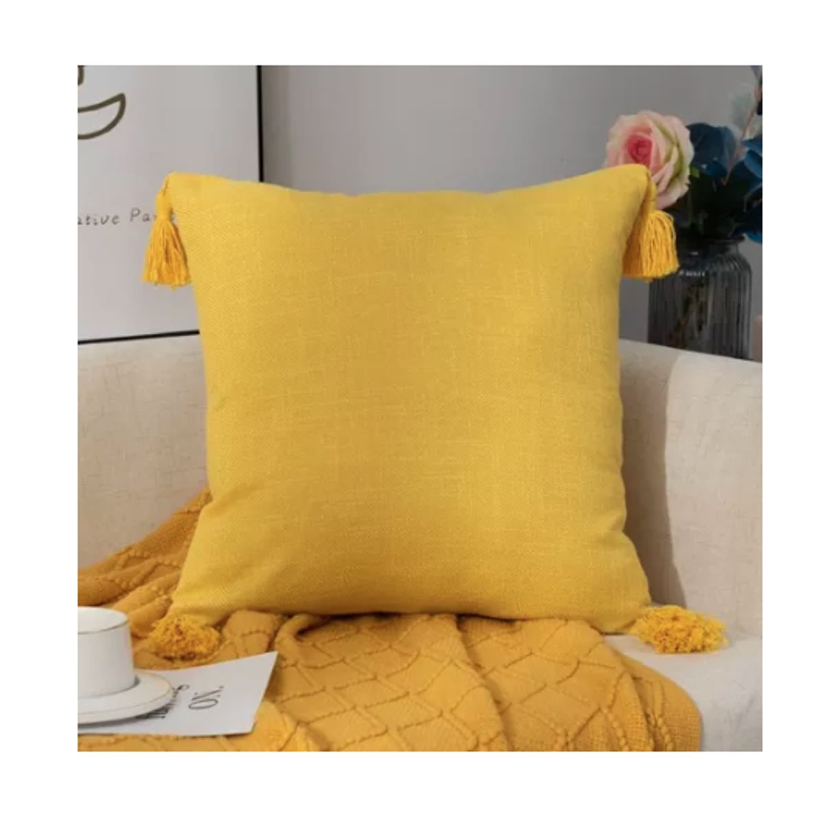 GENERICO - Funda Para Cojin De Lino Con Pompones 45x45cm