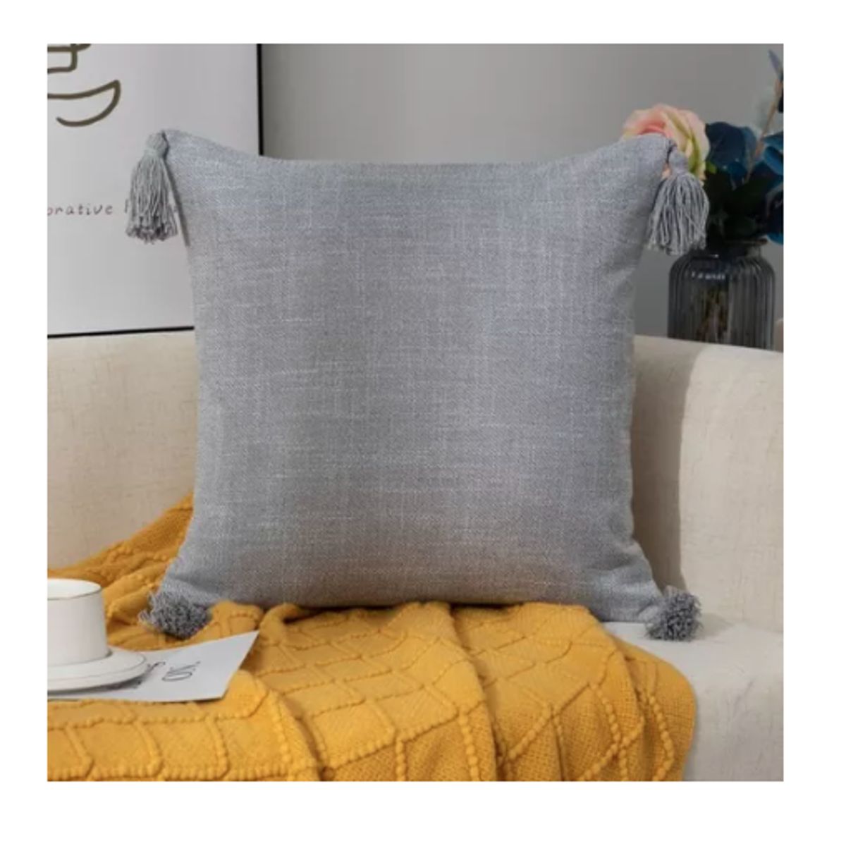 GENERICO - Funda Para Cojin De Lino Con Pompones 45x45cm