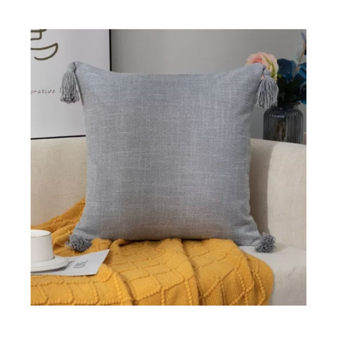 GENERICO - Funda Para Cojin De Lino Con Pompones 45x45cm